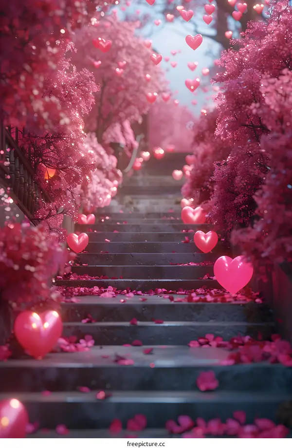 A staircase in a park with pink樱花trees and pink heart-shaped balloons