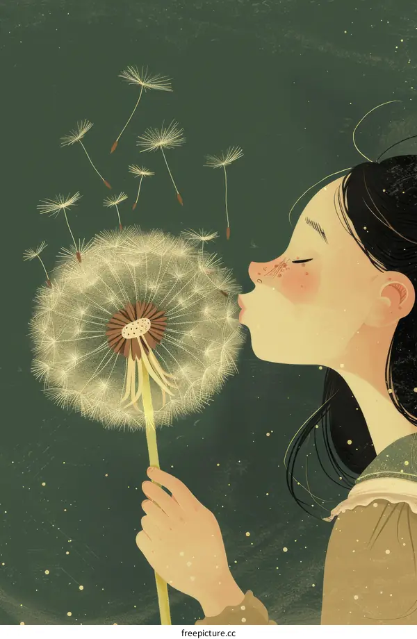 A girl blowing dandelion seeds in the wind
