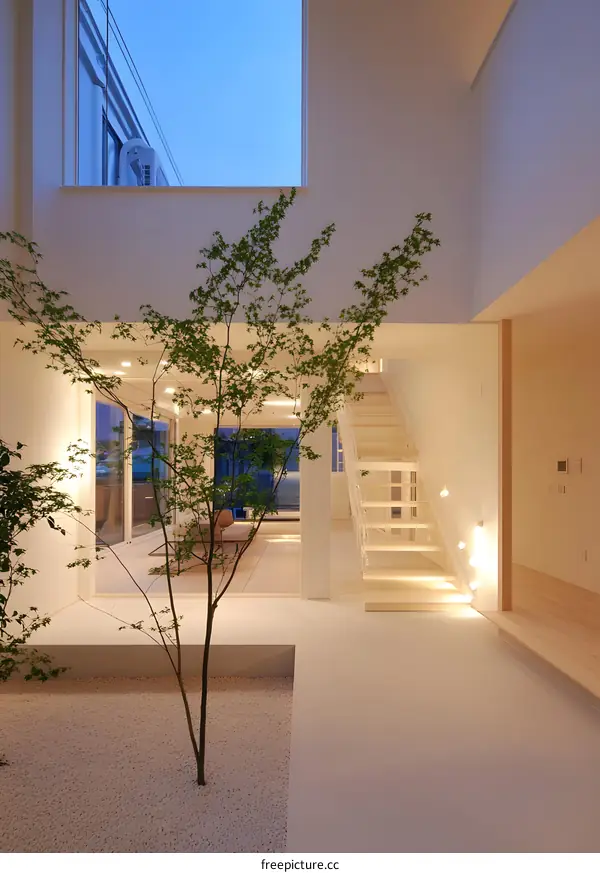 Modern Minimalist Interior Design With Indoor Courtyard and Tree