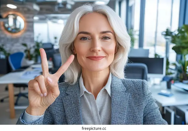 Business Woman Making Peace Sign in Modern Office