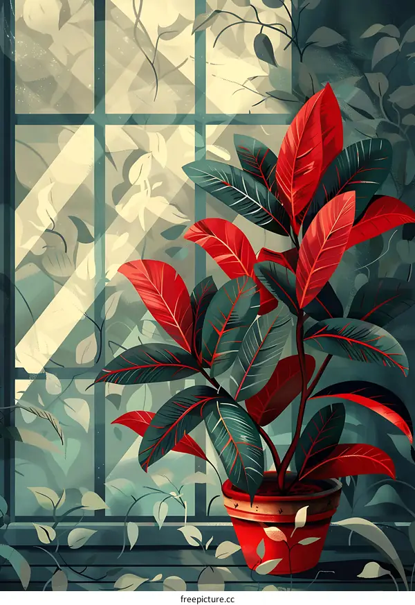 Red Leaf Plant in a Pot by Window