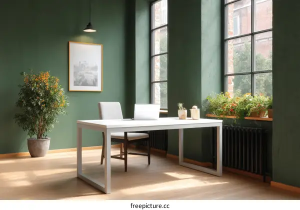 Modern Minimalist Home Office with Green Walls