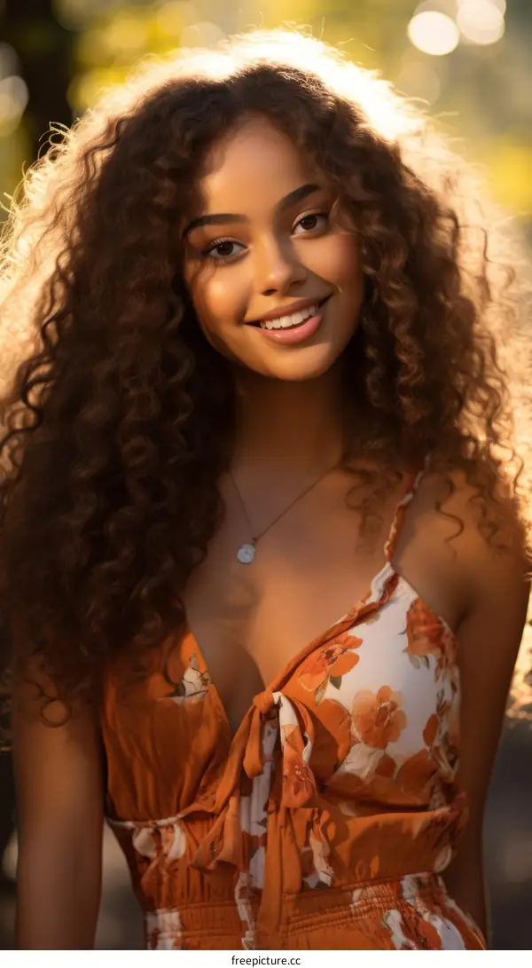 portrait of a beautiful young woman with curly hair smiling wearing a floral dress standing in a forest