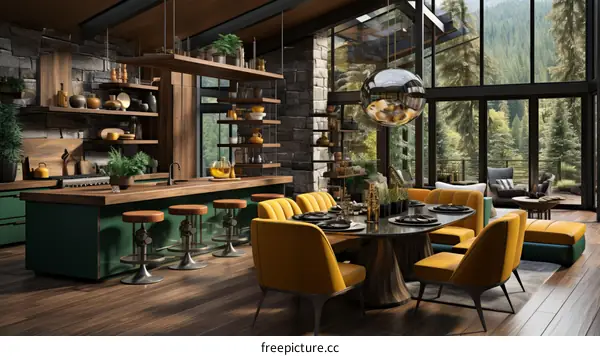 Modern Kitchen and Dining Room with Forest Views