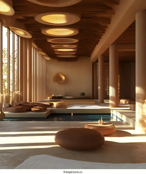 Modern Minimalist Interior Design with Wooden Beams and Circular Lights