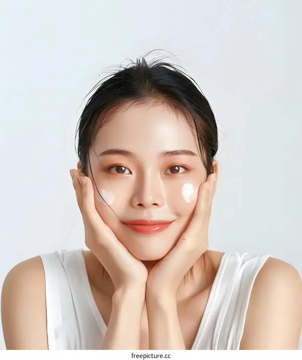 Smiling Asian Woman Applying Face Cream
