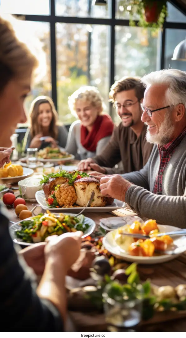 Multigenerational family gathered around the table for Thanksgiving dinner