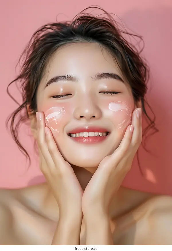 Portrait of a Young Asian Woman Applying Facial Moisturizer