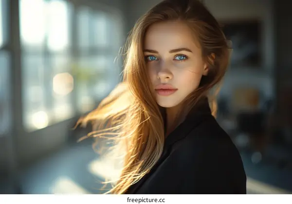 Portrait of a beautiful young woman with long blond hair and blue eyes