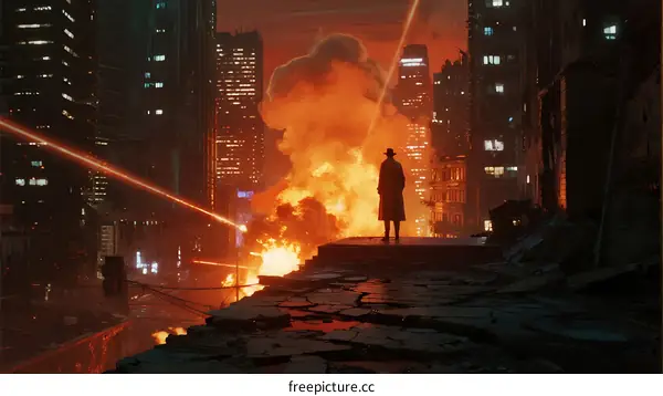 A lone figure stands amid a cyberpunk cityscape with explosions and laser beams