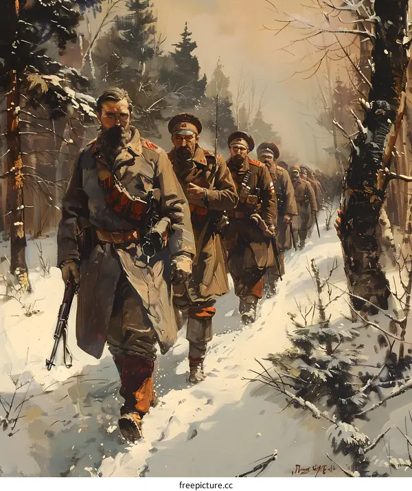 Winter landscape with a detachment of the Kornilov shock regiment