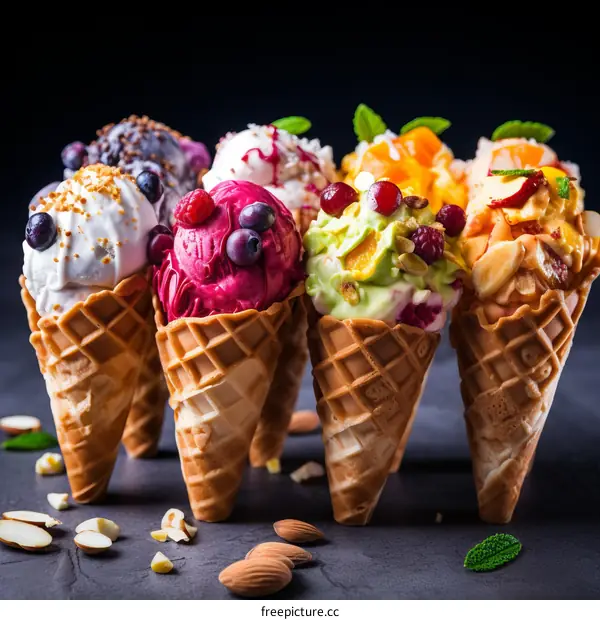 Ice cream cones with various toppings