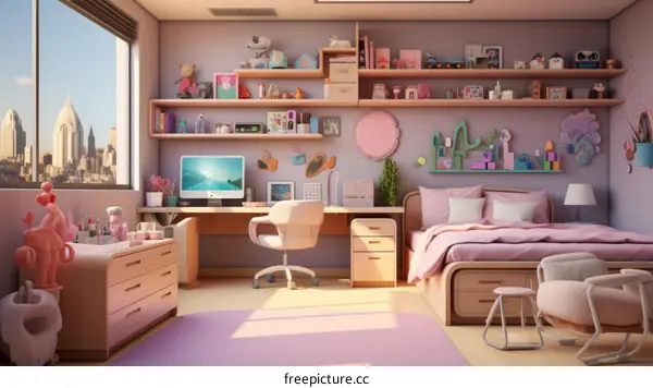 Cozy Pink and White Bedroom and Home Office with Cityscape View