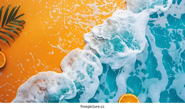 Summer Background with Orange, Ocean and Palm Leaf