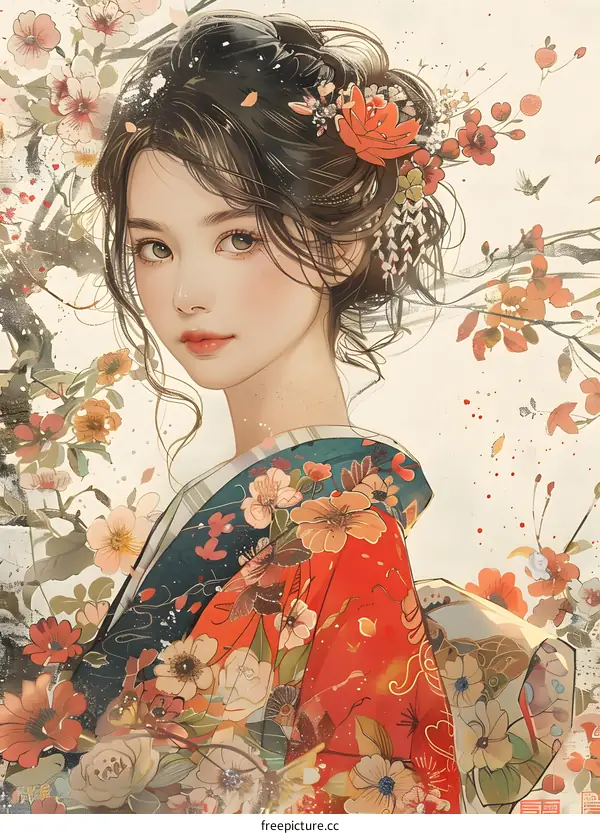 Asian Woman in Floral Kimono Illustration