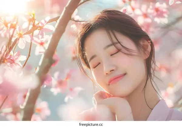 Young Woman With Closed Eyes in a Garden of Pink Blossoms