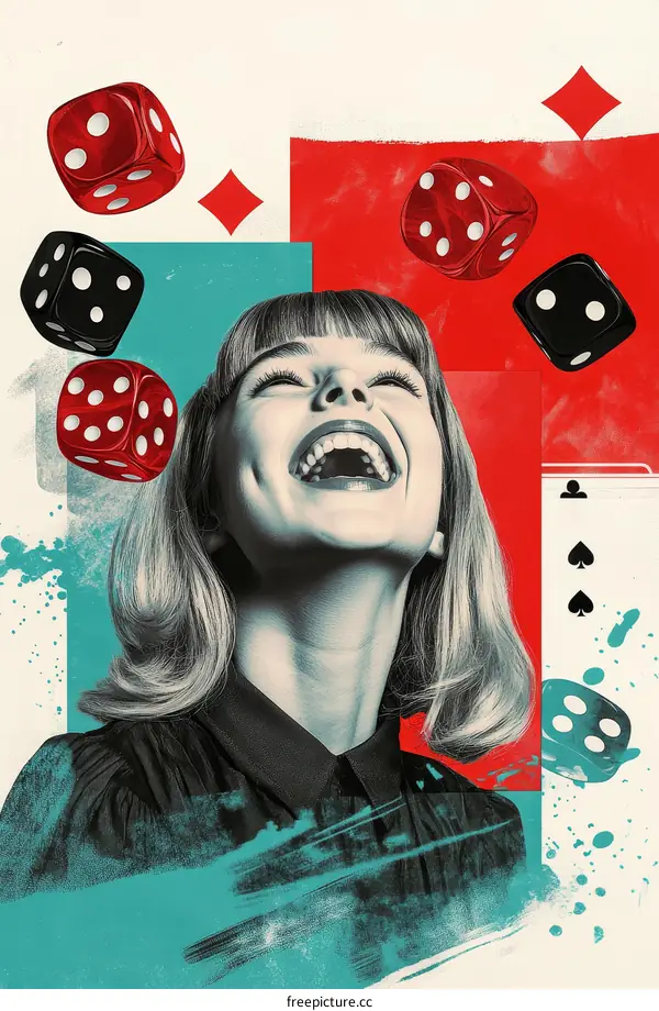 A Woman Laughing with Dice and Cards Collage Art