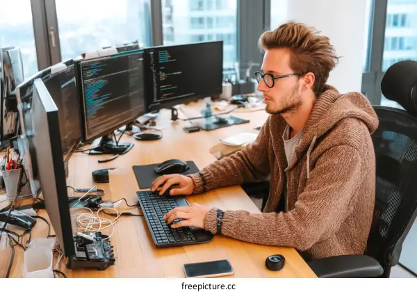 Young Man Working on Multiple Computer Screens in Modern Office