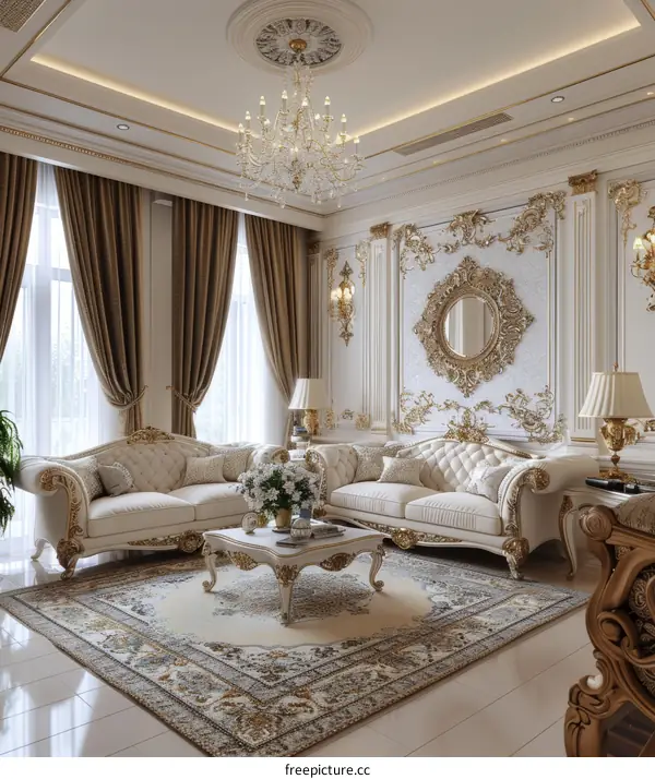 Luxurious Living Room with Golden Accents and Exquisite Decor