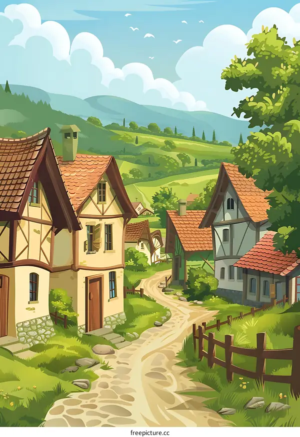 Charming Rural Village Illustration with Winding Road and Houses