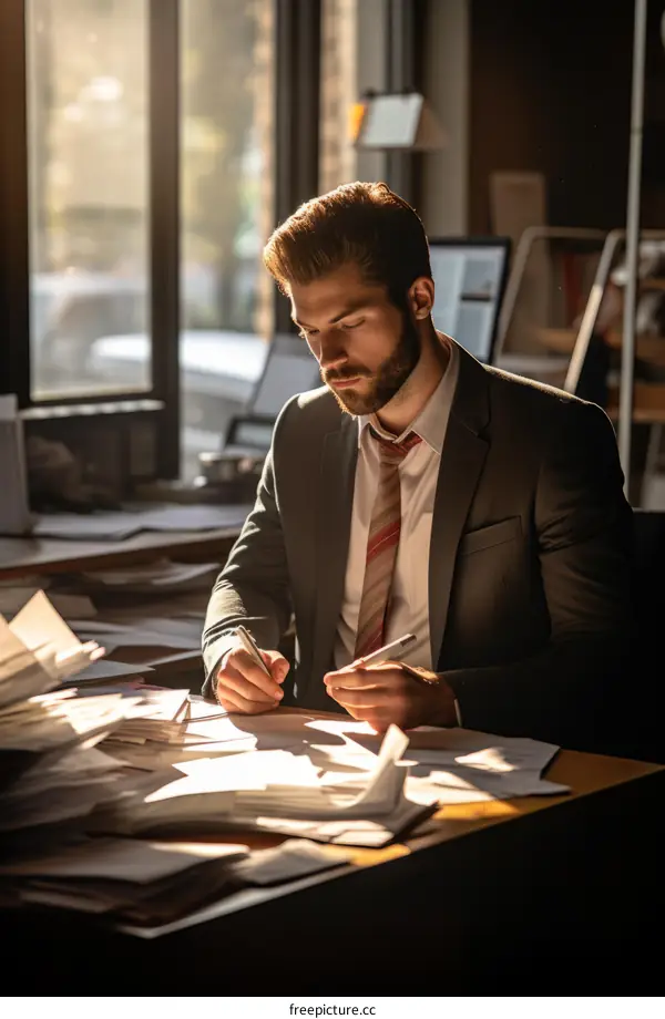 Focused young businessman working at his desk in the office
