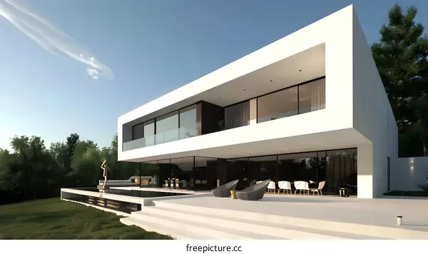 Modern White House Exterior Design with Pool and Terrace