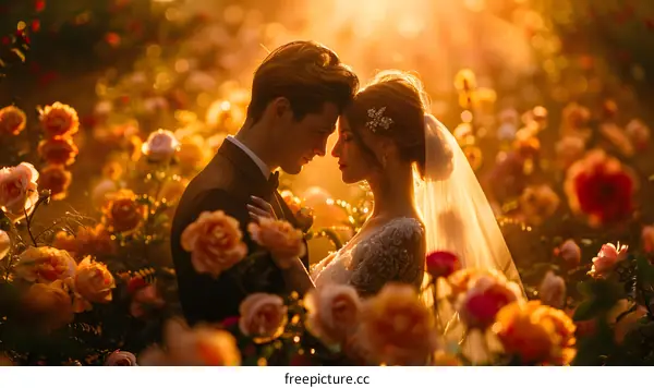 Newlyweds in a Field of Roses at Sunset