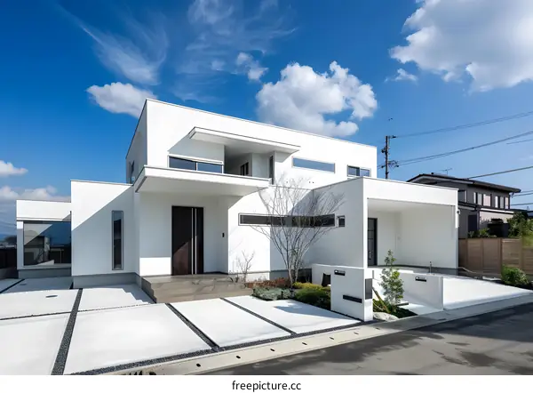Modern White House with Minimalist Design and Blue Sky