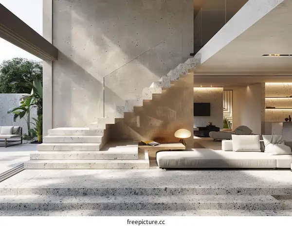 Modern minimalist villa interior with open floor plan and staircase