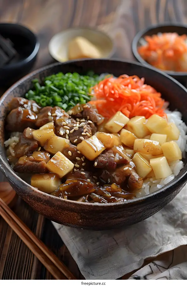 Bowl of rice with meat and vegetables