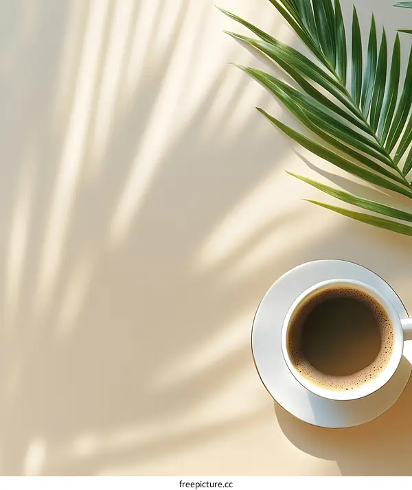 A Cup of Coffee with Palm Leaf Shadow on a Beige Background