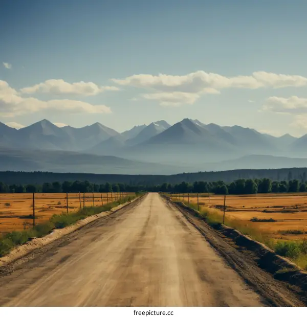 Country road through the farm fields with mountains in the distance
