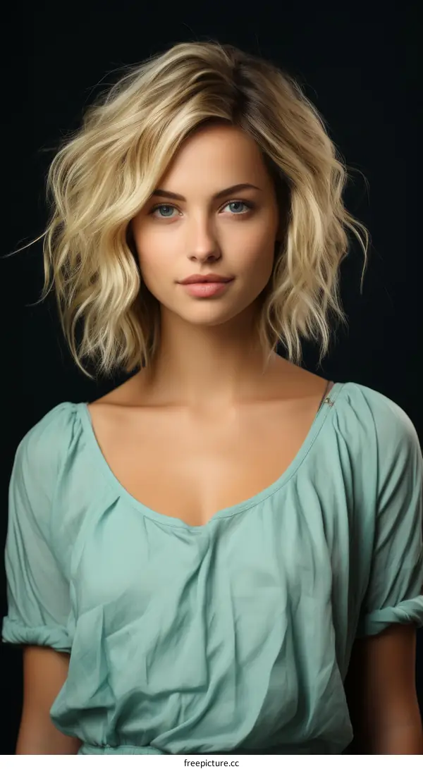 A beautiful blonde woman with blue eyes and a gentle smile