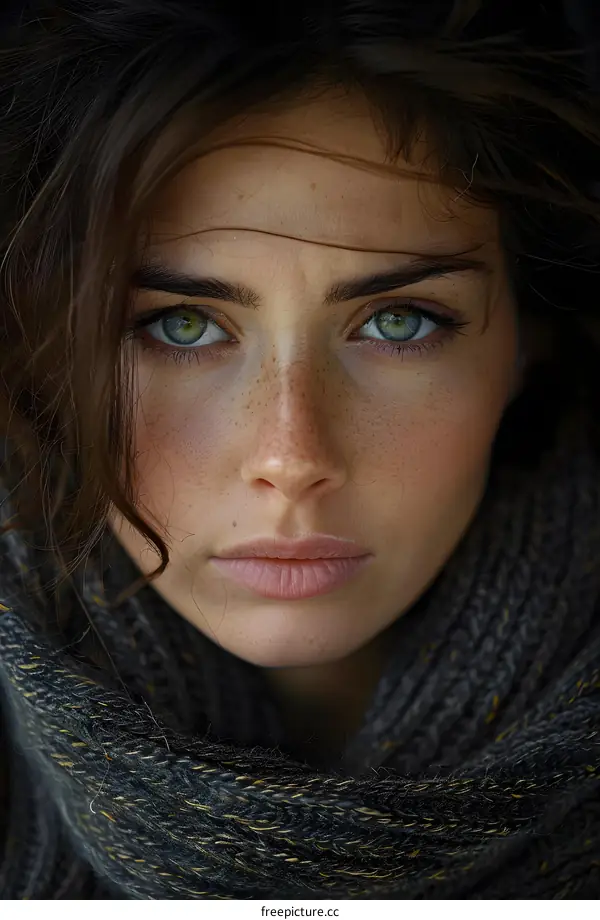 portrait of a young woman with green eyes and freckles
