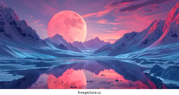 fantasy landscape with pink moon and snowy mountains