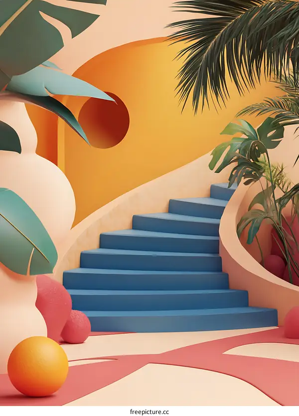 Abstract Staircase With Tropical Plants And Orange Sphere