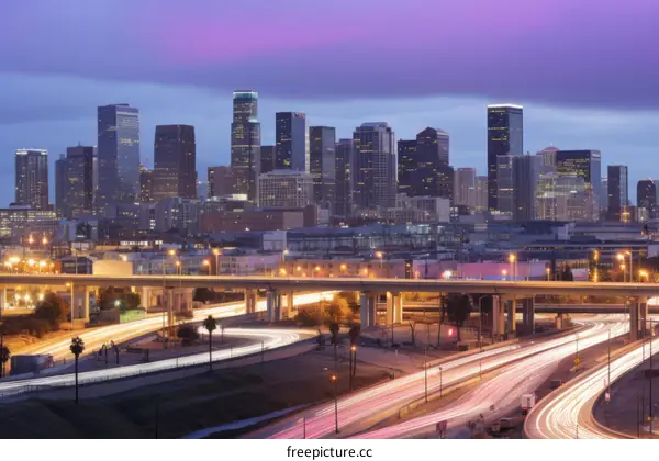 Los Angeles skyline at night with the 110 freeway in the foreground