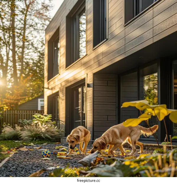 Two Golden Retrievers playing in the backyard