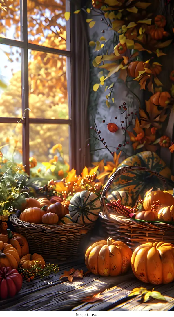 Pumpkins in the Window in Autumn