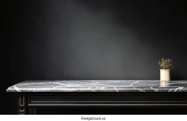 Dark Marble Table Top Mockup Against Dark Wall
