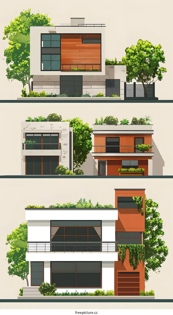 Three Modern House Front View Illustration