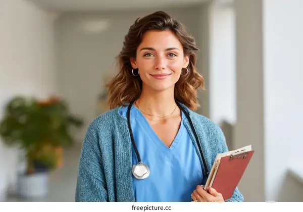 Female Caucasian Doctor Smiling Confidently in Hospital Corridor