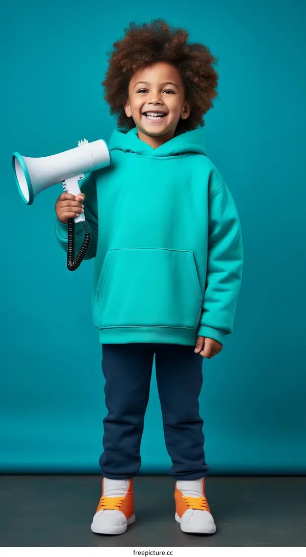 Cheerful African American boy holding megaphone