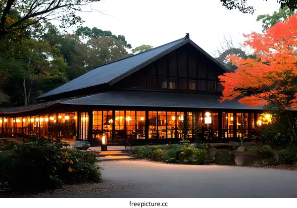 Traditional Japanese House with a View of Fall Foliage