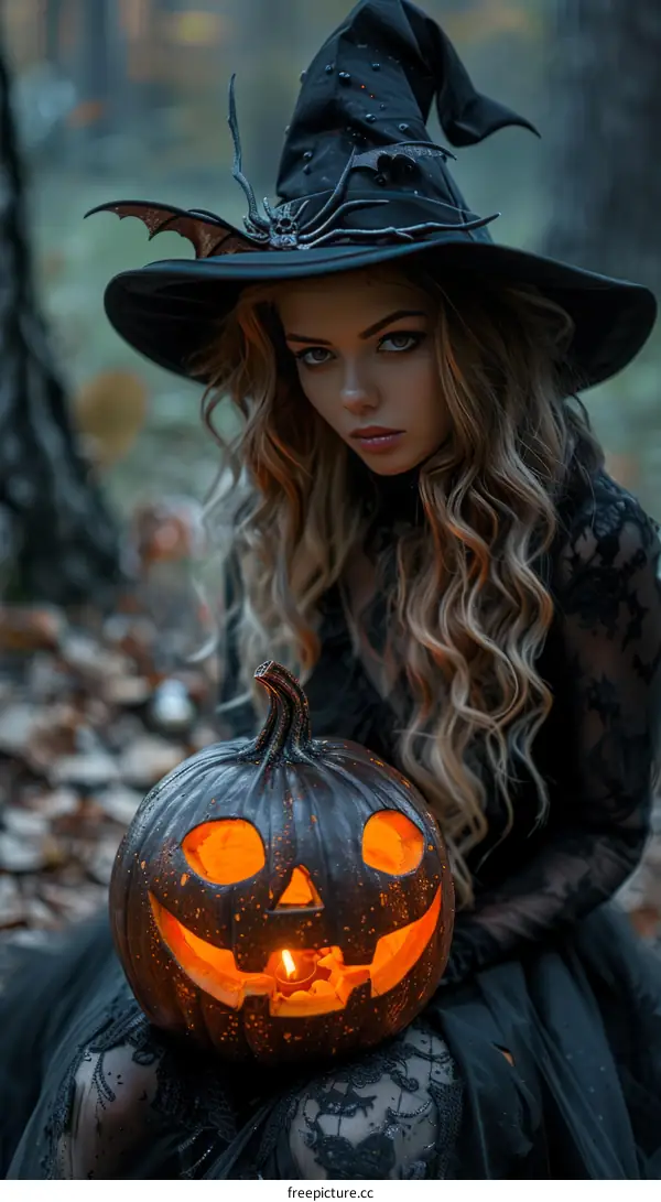 Witch with Glowing Pumpkin in Autumn Forest