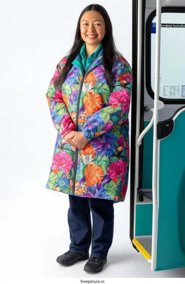 Smiling young woman in a colorful floral coat standing in front of a bus