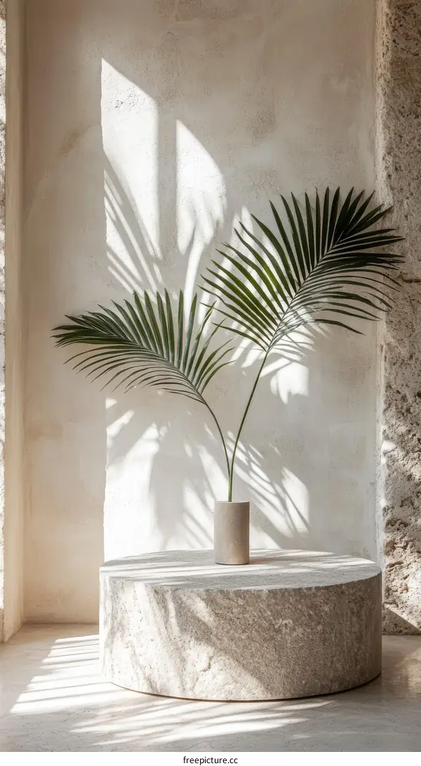 Modern Minimalist Stone Coffee Table with Tropical Palm