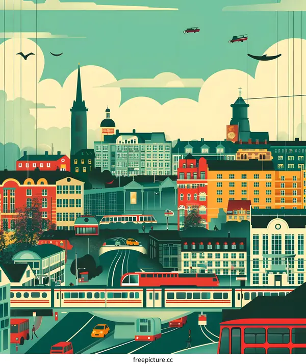 Modern Cityscape Illustration with Trains and Buildings