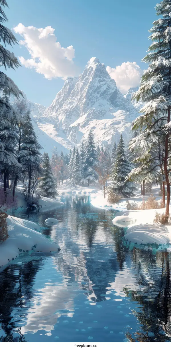 Winter River Valley Landscape with Snowy Mountains and Trees