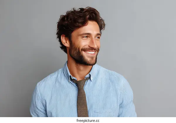 Smiling Caucasian Man in Light Blue Shirt